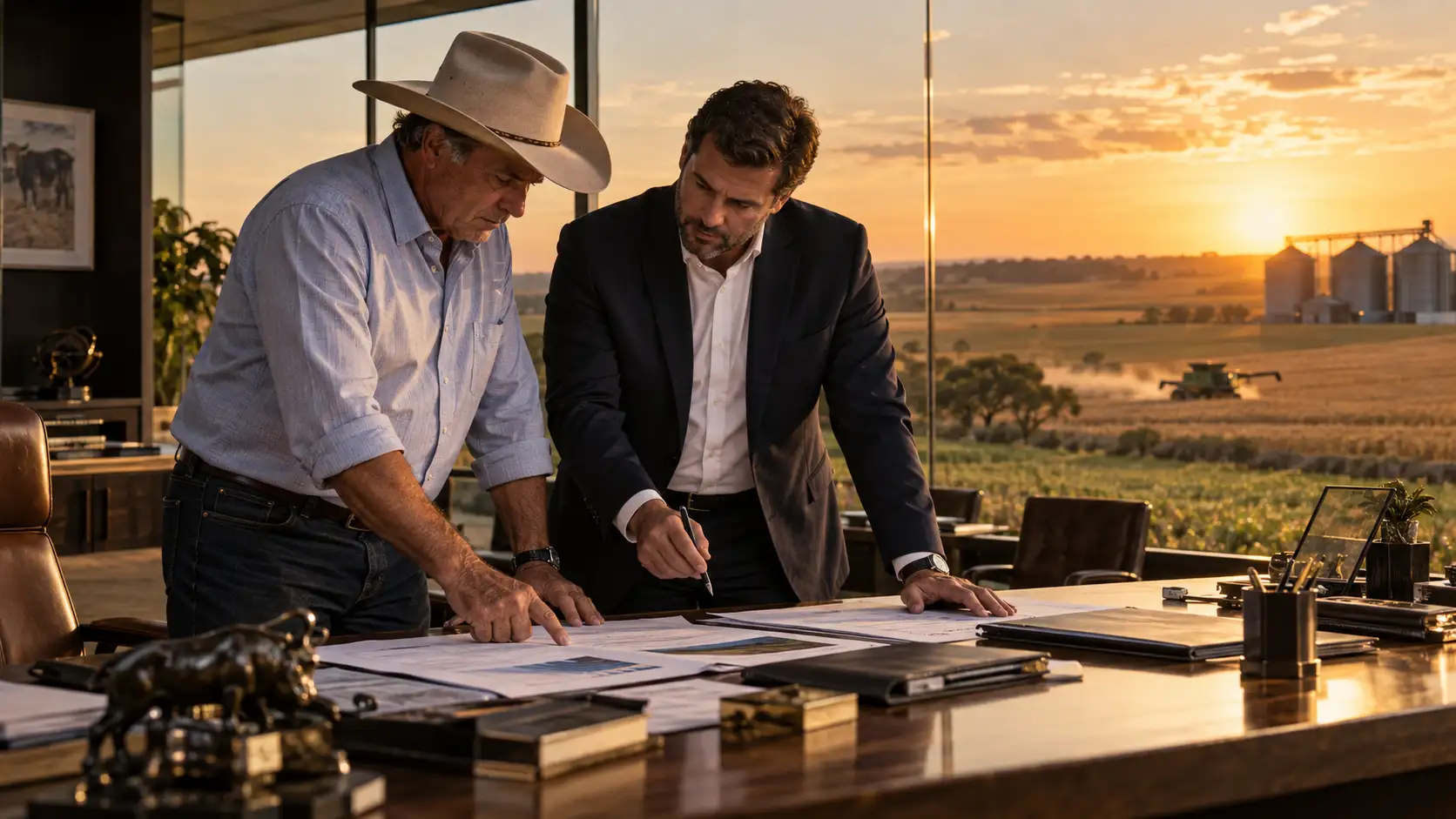 Produtor rural e consultor analisando antecipação de recebíveis e planejamento financeiro no agronegócio