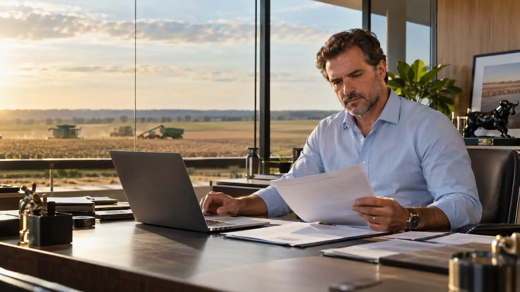 Produtor rural analisando capital de giro do agronegócio em escritório com vista para a fazenda