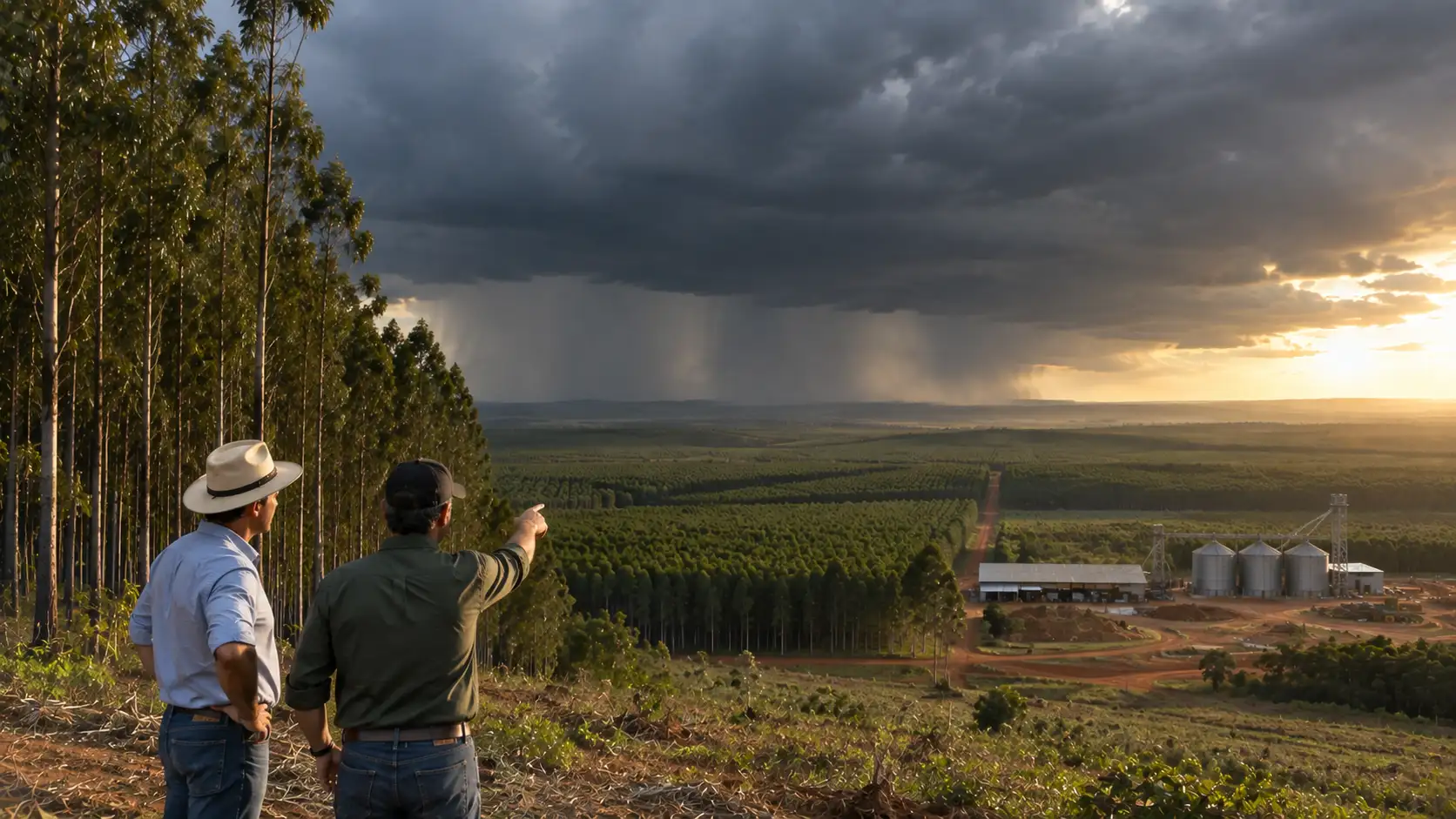Plantação rural brasileira sob clima extremo com tempestade, representando seguro rural e proteção da safra