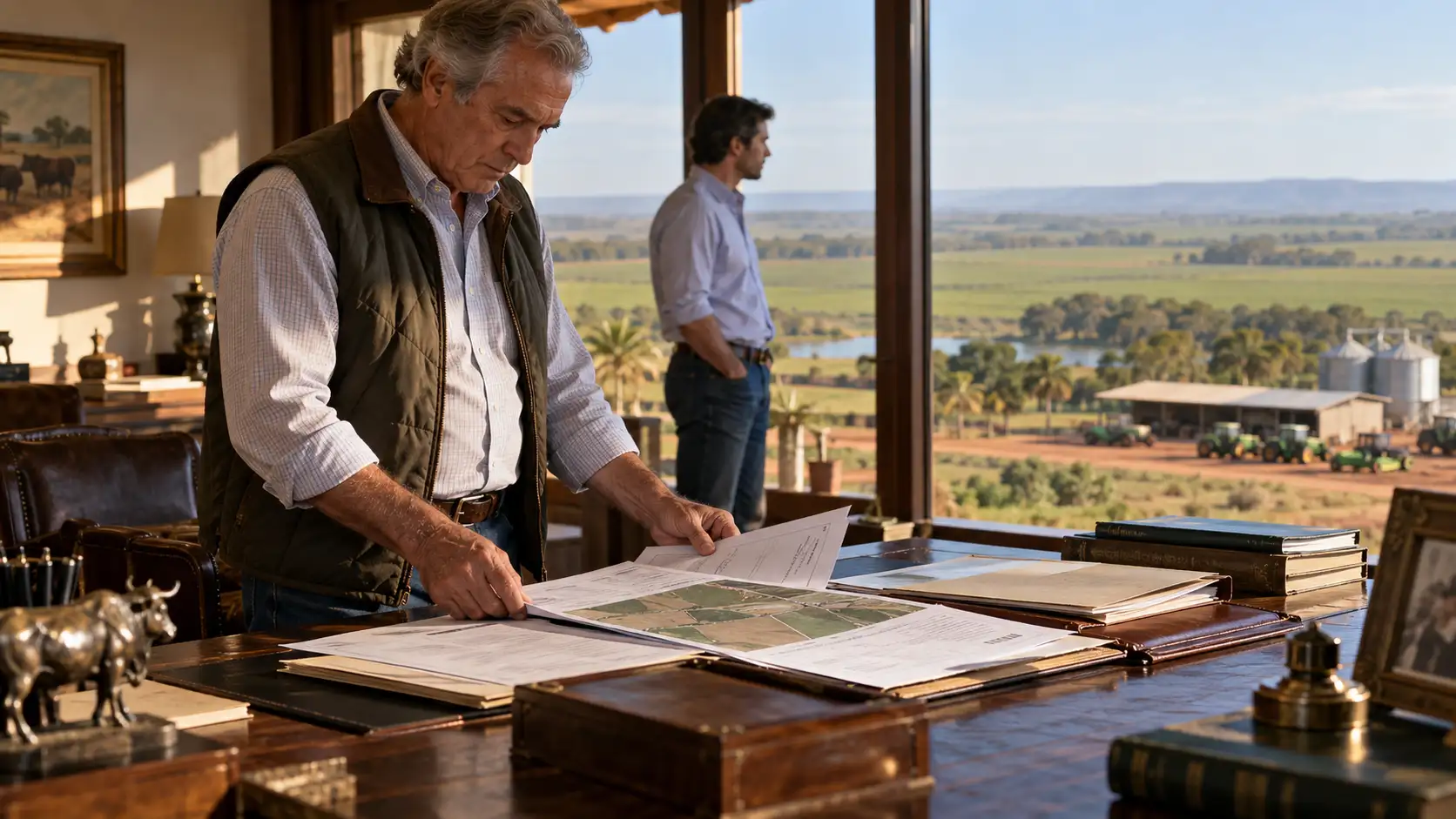 Produtor rural analisando documentos de doação com reserva de usufruto para sucessão da fazenda