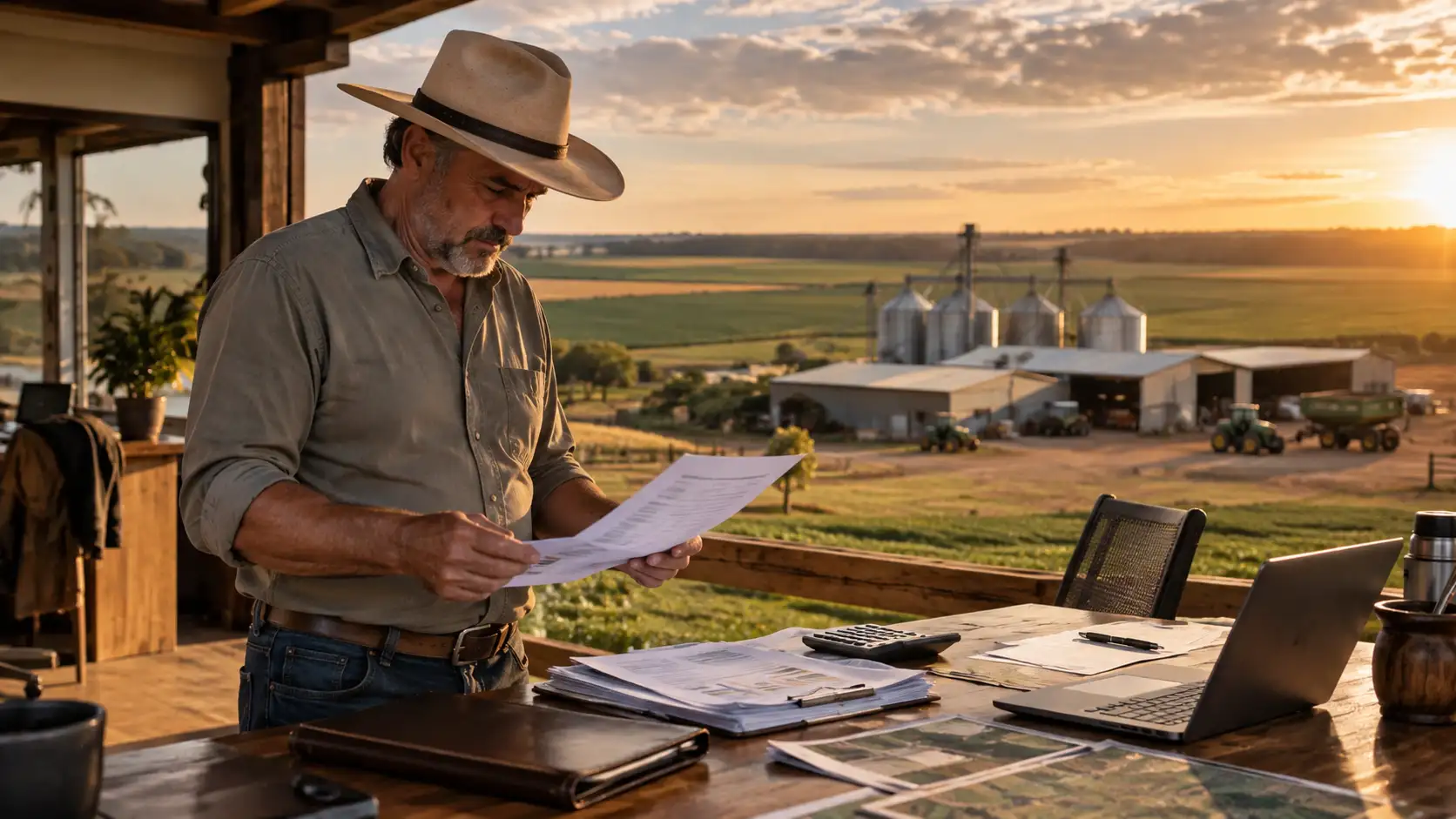 Produtor rural analisando apólice de seguro agrícola e exclusões de cobertura para proteção da safra