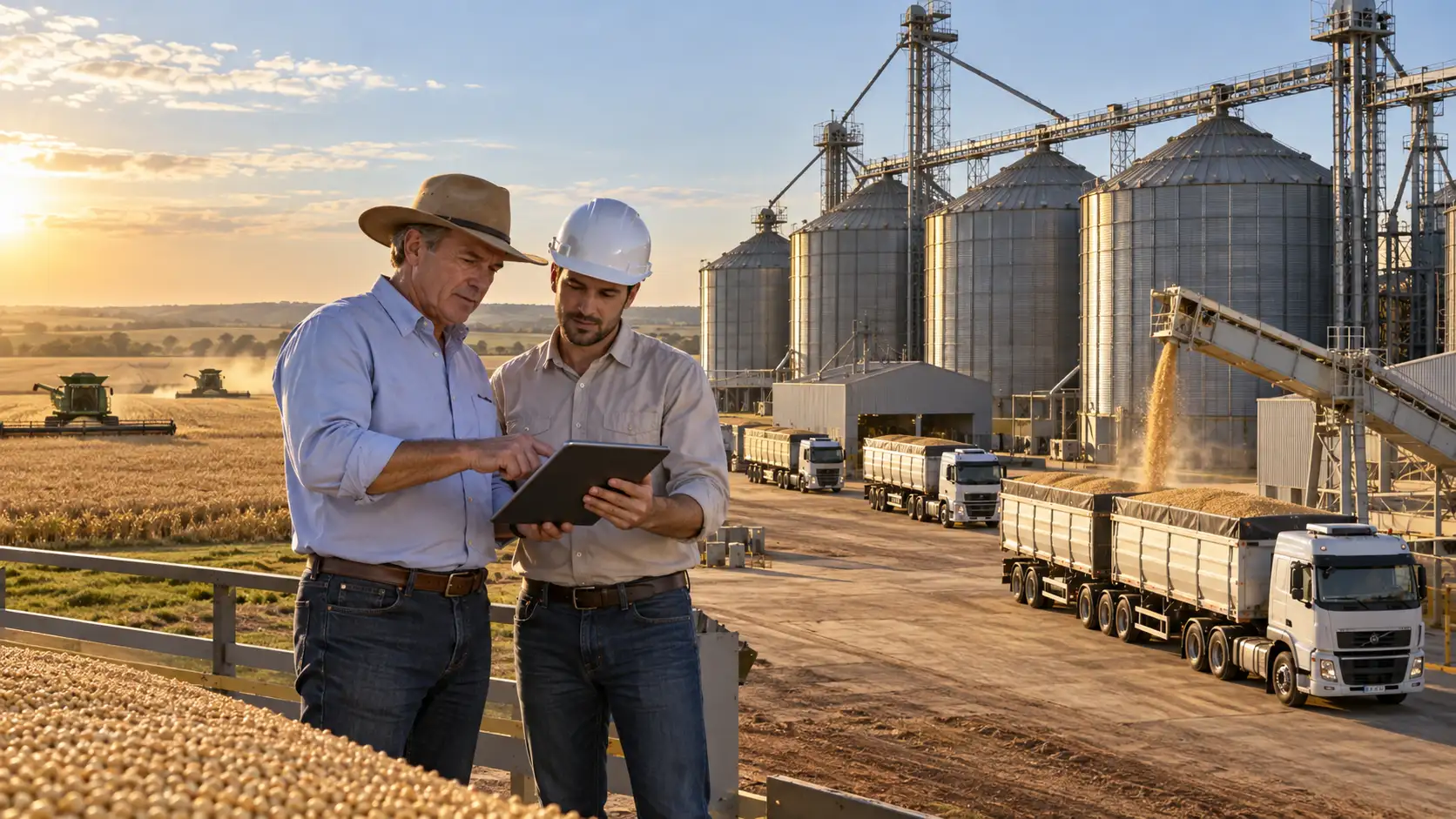Silos de armazenagem em fazenda com caminhões durante a colheita e produtor analisando financiamento rural