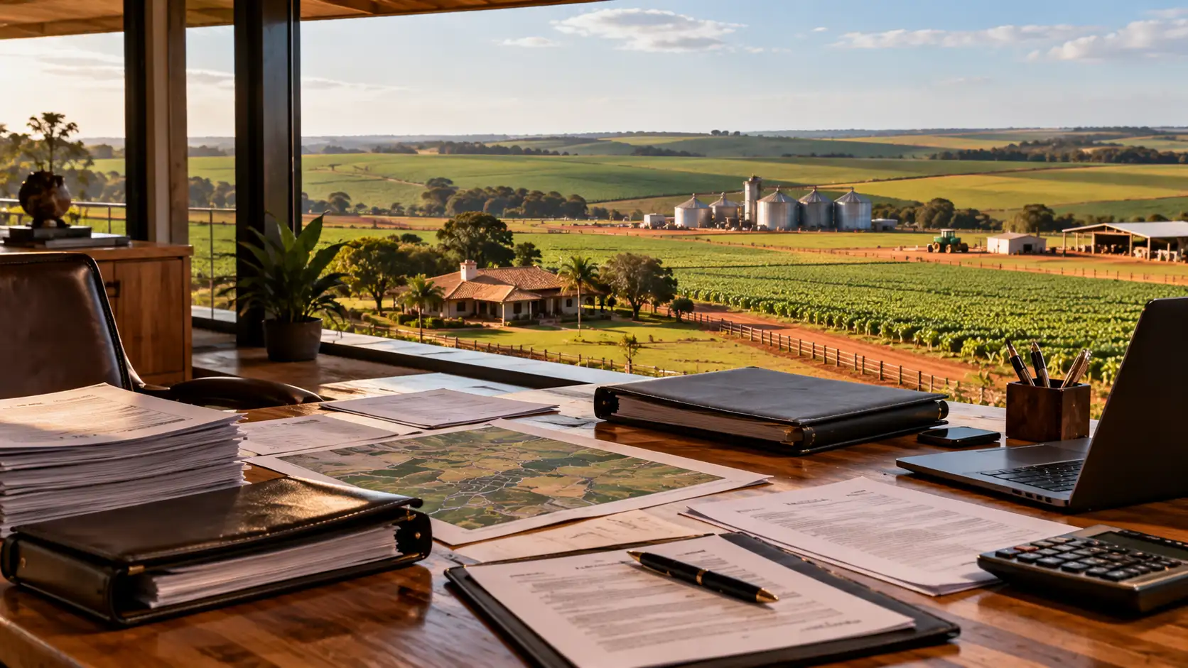 Documentos de execução rural sobre mesa em fazenda, representando risco de fraude à execução e proteção patrimonial no agronegócio.