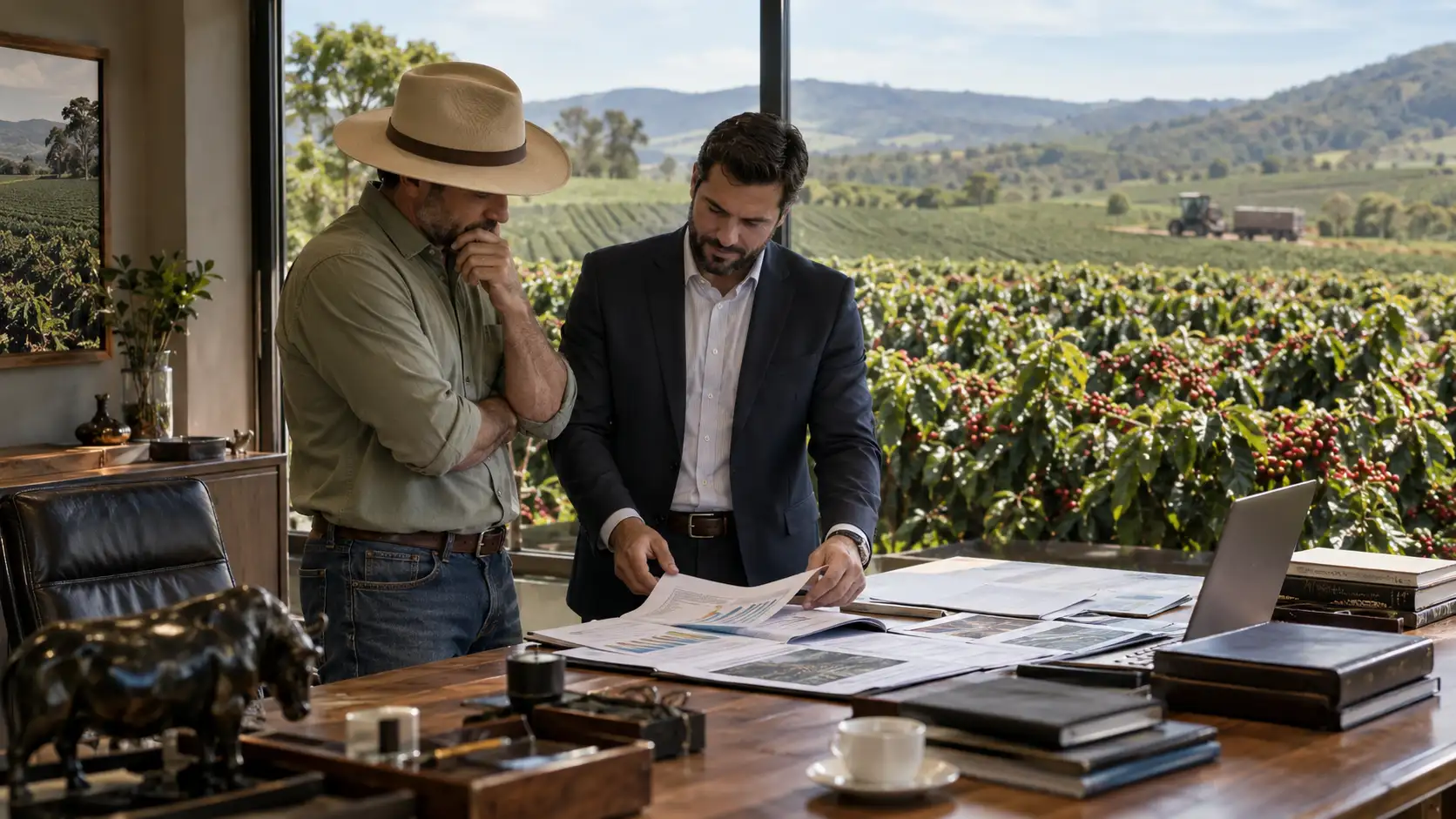 Cafeicultor analisando financiamento do Funcafé para crédito cafeeiro em propriedade rural