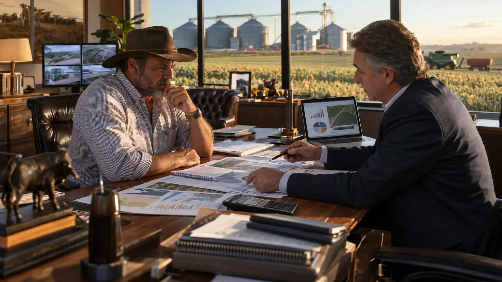 Produtor rural analisando histórico de sinistros e prêmio do seguro agrícola com especialista