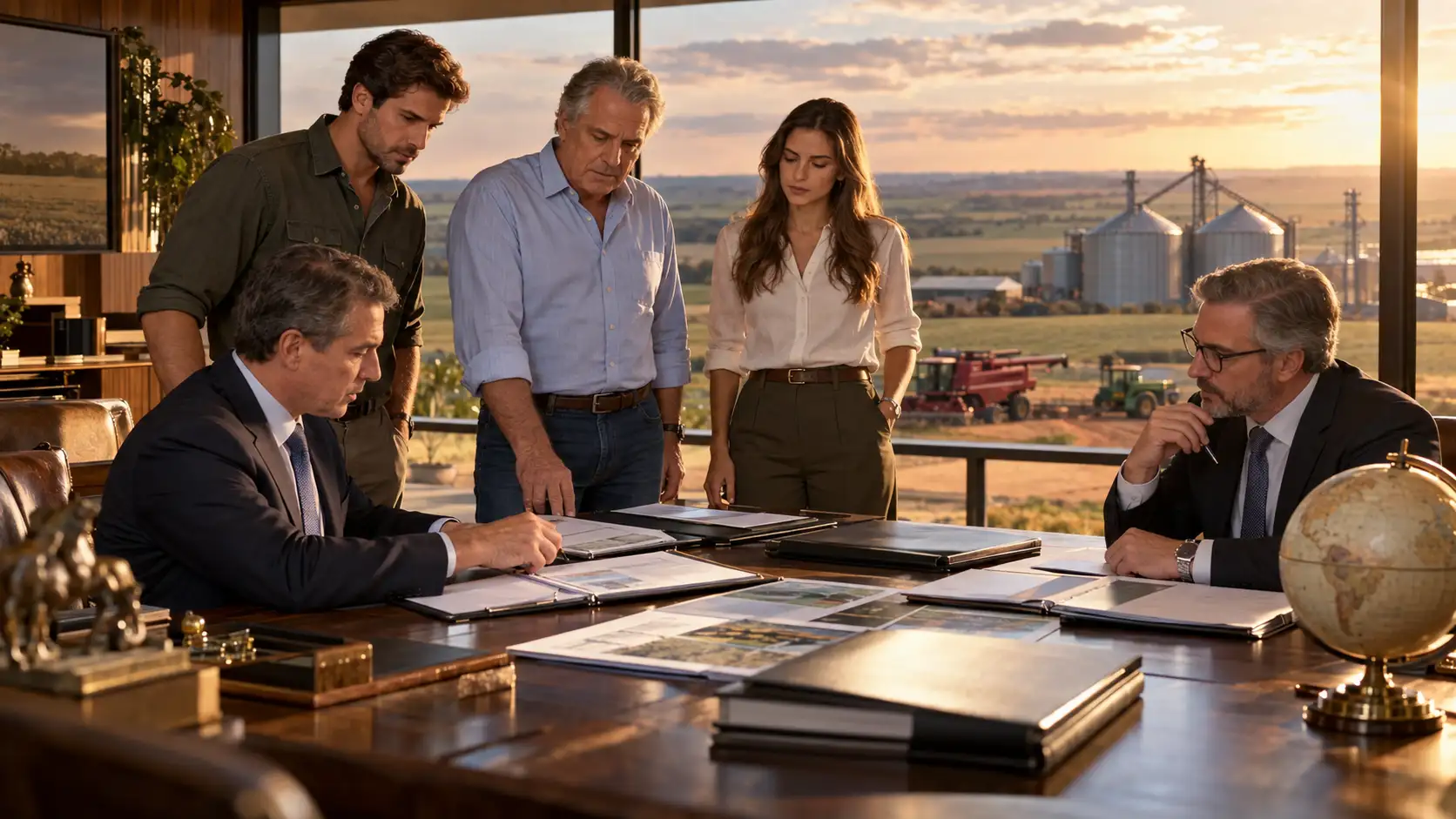 Produtor rural com família e consultores analisando estrutura de holding offshore para proteção patrimonial e sucessão no agronegócio.
