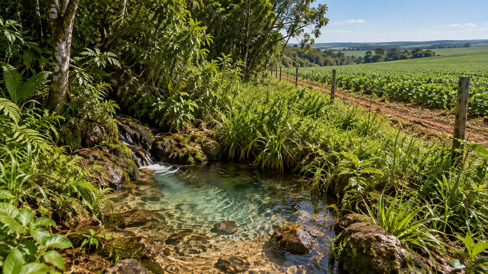 Nascente protegida por APP em propriedade rural com foco em proteção legal e prevenção de multas ambientais
