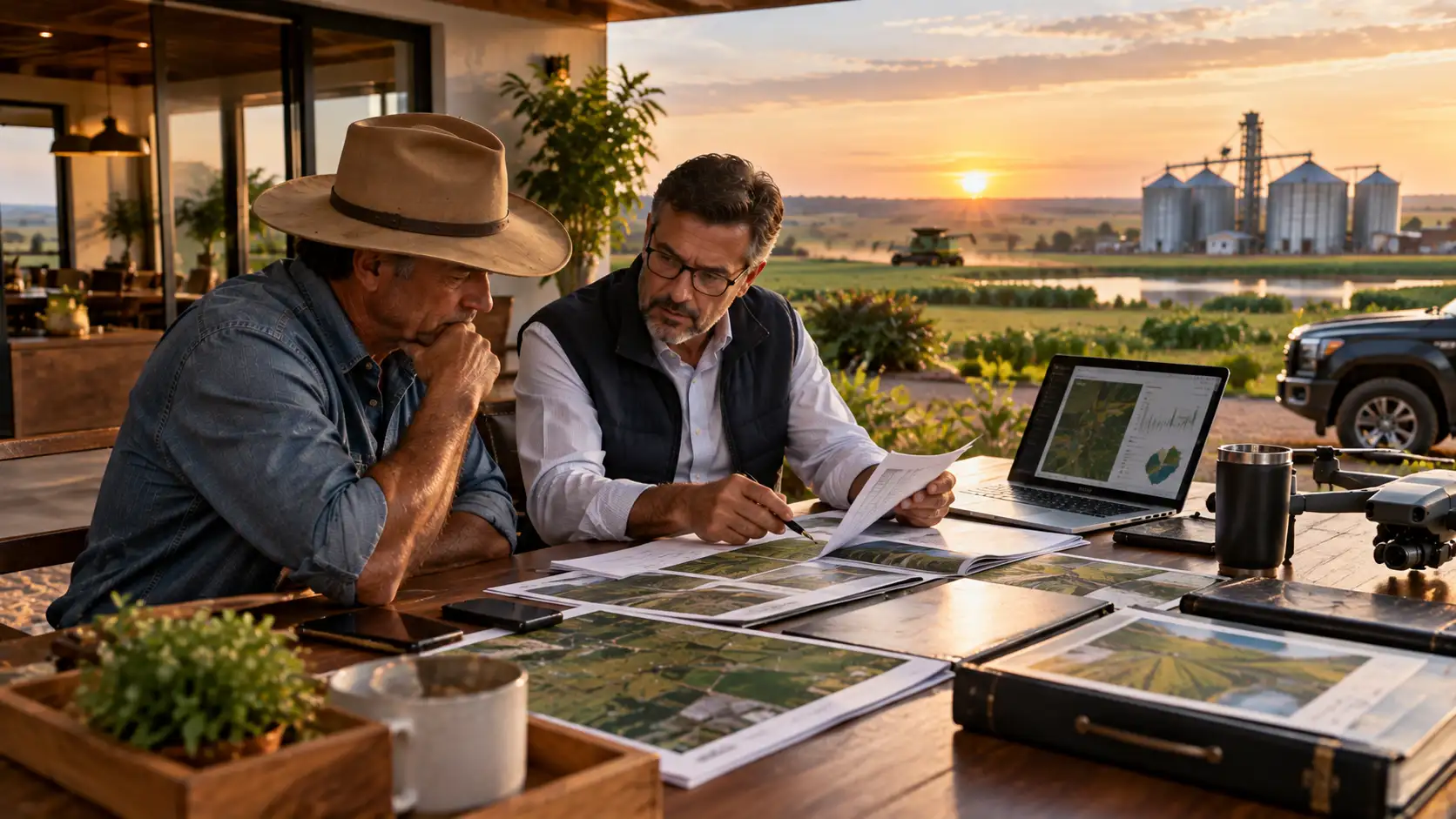 Produtor rural revisando apólice de seguro da propriedade com especialista antes da renovação