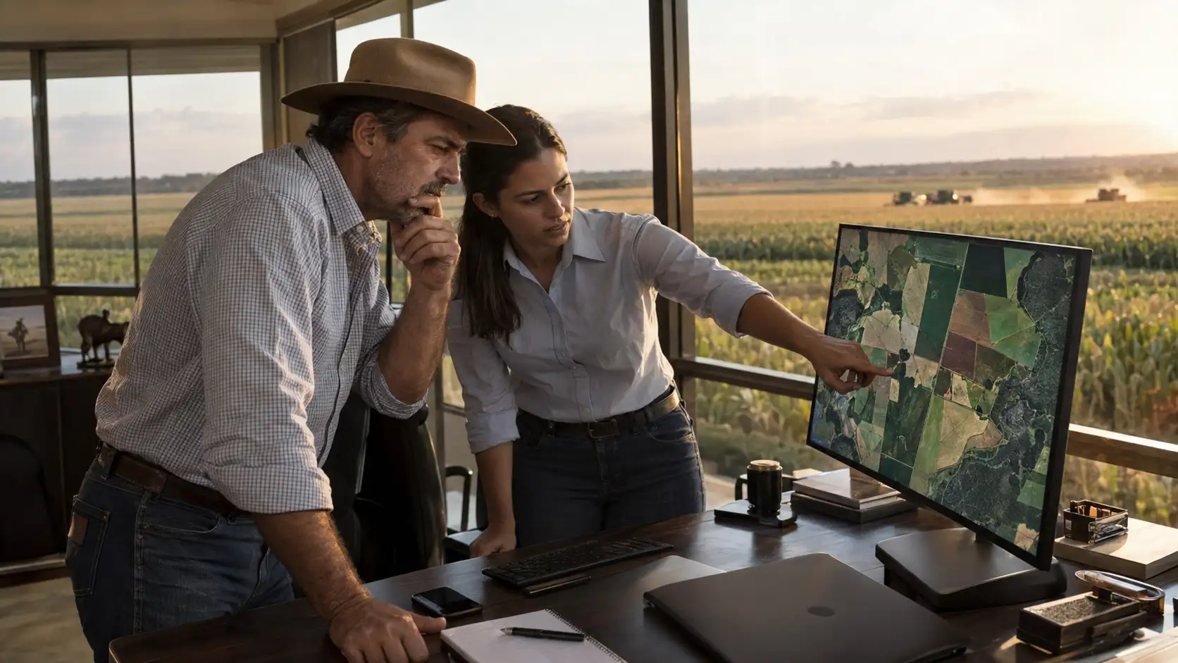 Produtor rural e consultor analisando riscos ambientais e proteção patrimonial em uma grande propriedade agrícola